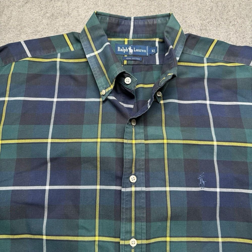 Ralph‎ Lauren Oxford Shirt XL Green Blue Plaid Button Down Window Pane Classic